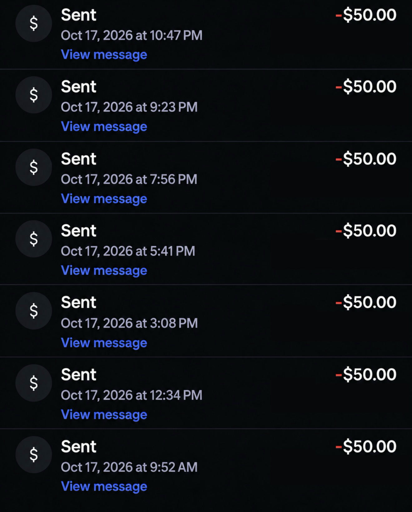Payment history showing seven payouts of $50.00 marked Sent on 17 October 2026, between 9:52 AM and 10:47 PM. Recipient names removed.
