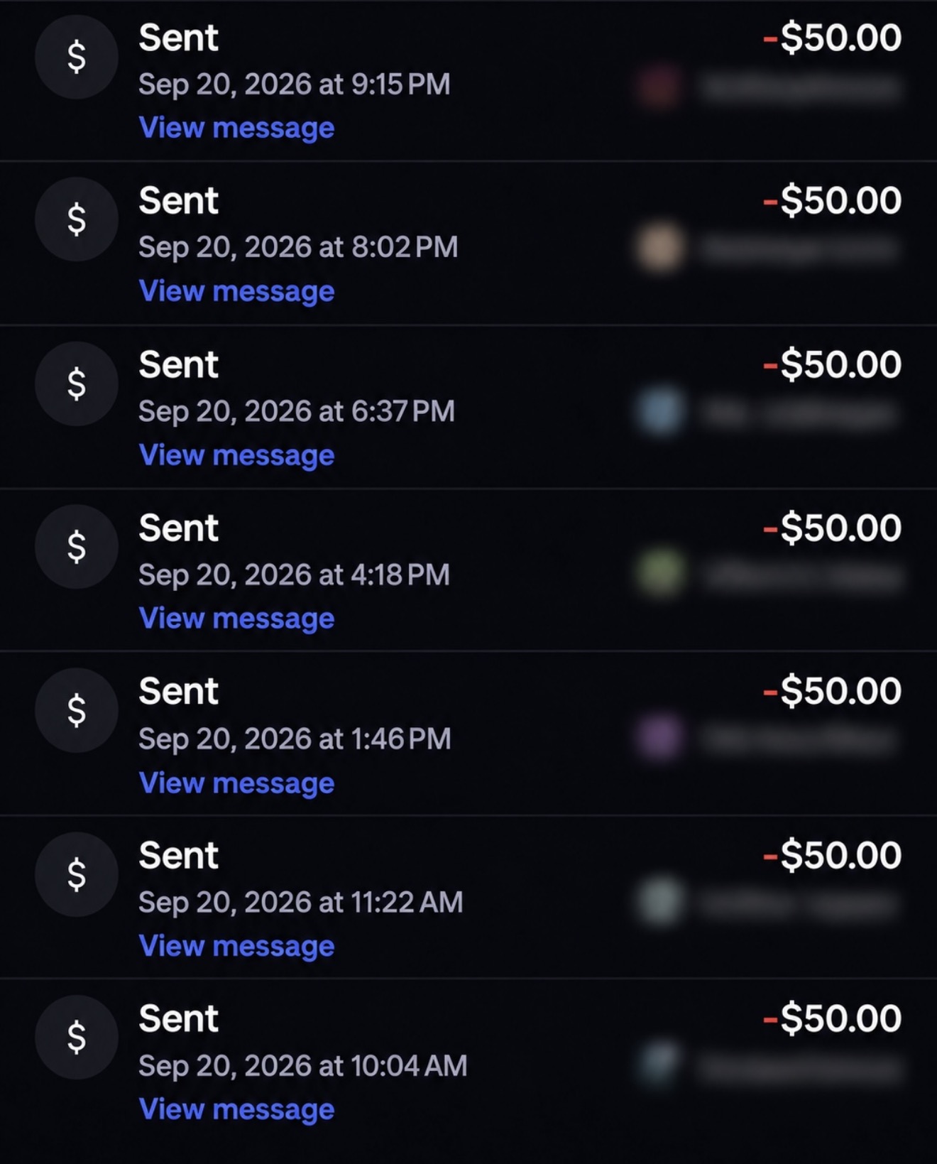 Payment history showing seven payouts of $50.00 marked Sent on 20 September 2026, between 10:04 AM and 9:15 PM. Recipient names are blurred.